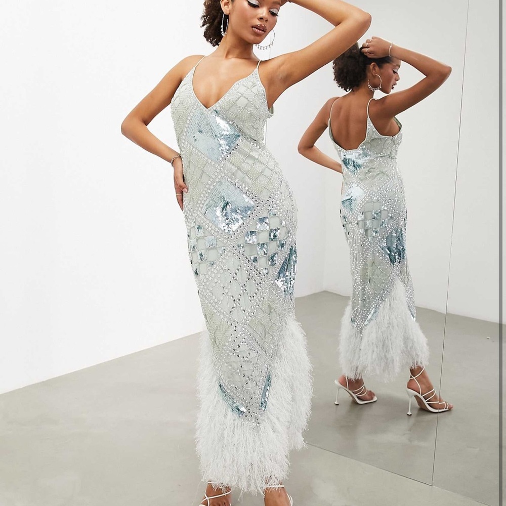 ASOS edition diamond sequin and crystal midi dress w faux feather hem